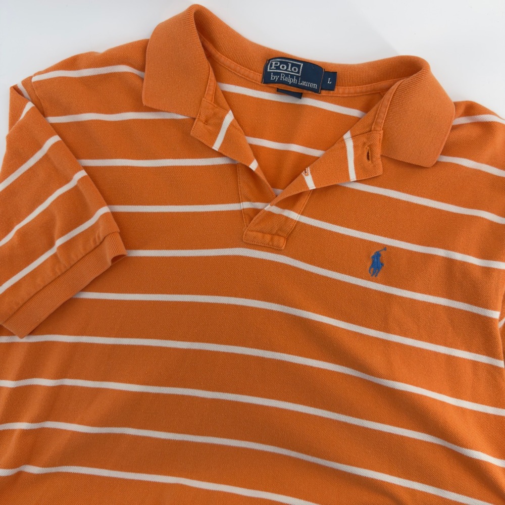 Polo Ralph Lauren Mens Large Orange White Striped Short Sleeve Pique Polo Shirt
